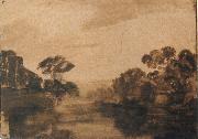 REMBRANDT Harmenszoon van Rijn, River with Trees on its Embankment at Dusk